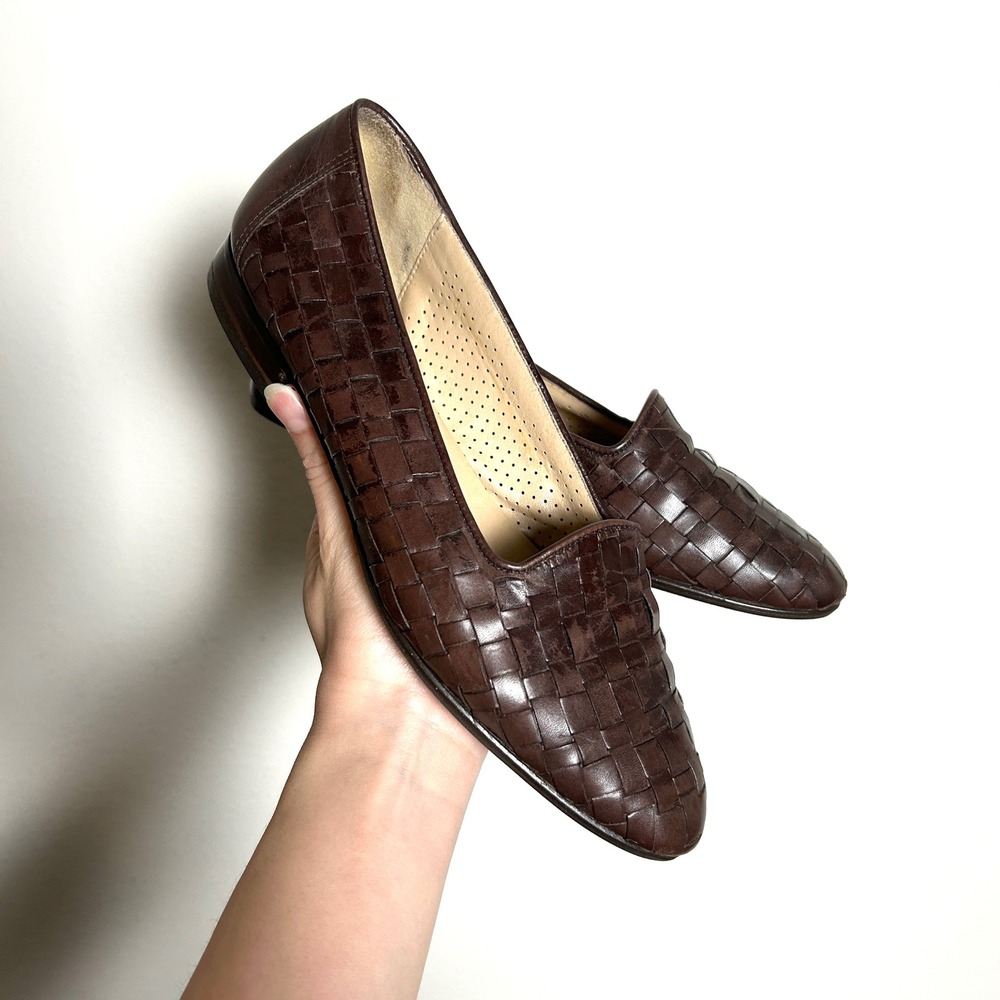 Enzo Angiolini Brown Leather Woven Vintage Loafers Flats Shoes Womens Size 7M